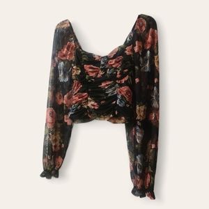 Evolutionary Junior  Sz L Black with Roses/Wild Flower design ruched crop top